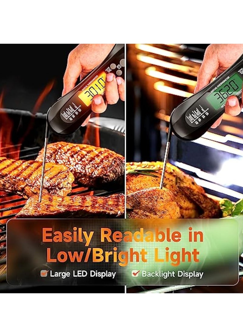 Meat Thermometer, Digital Instant Read Food Thermometer, with Foldable Probe, for Grilling and Cooking, Waterproof Ultra-Fast Instant Read, LED Display, for Monitoring of BBQ Grill, Oven, Cooking