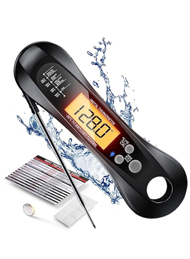 Meat Thermometer, Digital Instant Read Food Thermometer, with Foldable Probe, for Grilling and Cooking, Waterproof Ultra-Fast Instant Read, LED Display, for Monitoring of BBQ Grill, Oven, Cooking