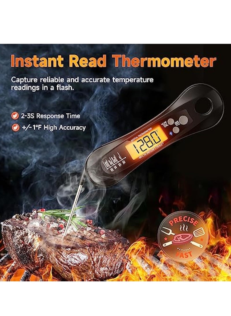 Meat Thermometer, Digital Instant Read Food Thermometer, with Foldable Probe, for Grilling and Cooking, Waterproof Ultra-Fast Instant Read, LED Display, for Monitoring of BBQ Grill, Oven, Cooking