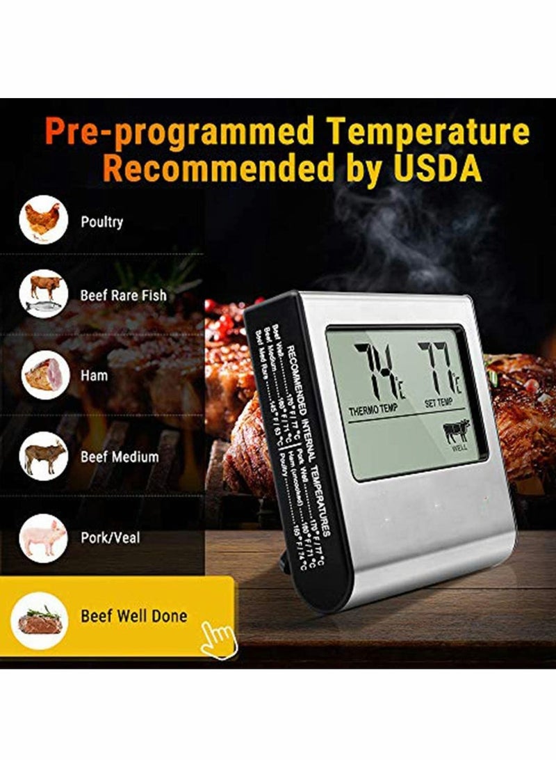 Digital Food Meat Thermometer with LCD Display and Timer  Stainless Steel Probe for BBQ Grill Smoker Kitchen Cooking