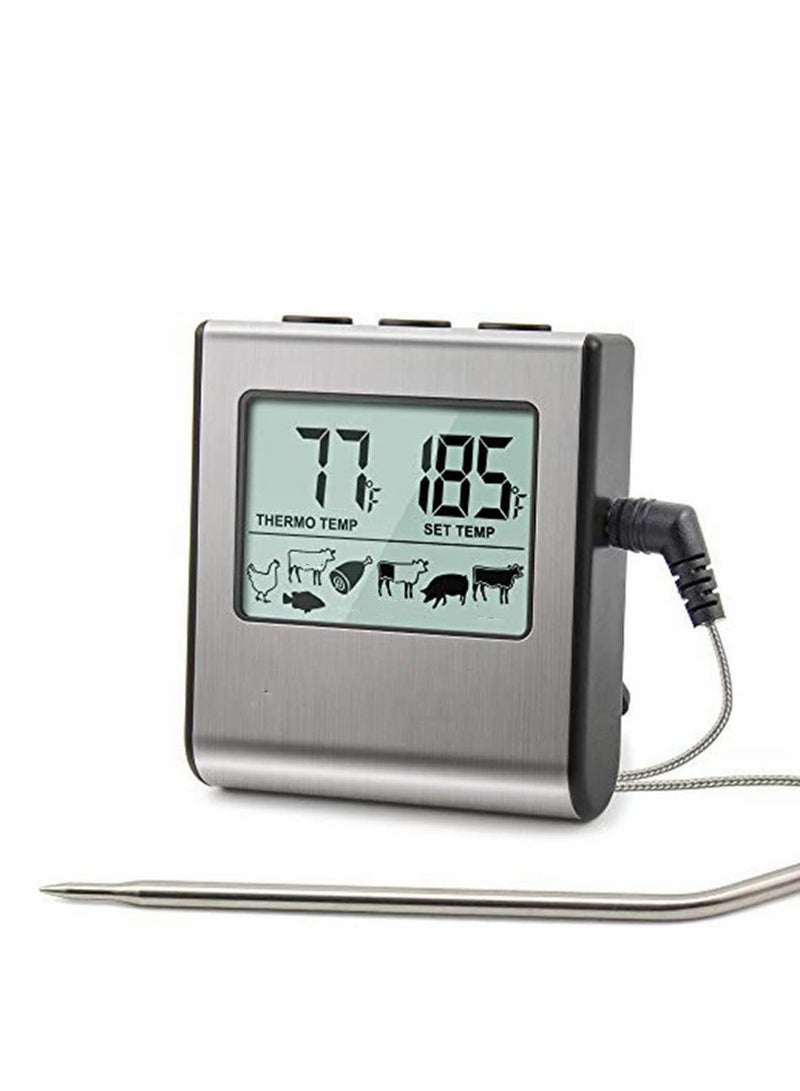 Digital Food Meat Thermometer with LCD Display and Timer  Stainless Steel Probe for BBQ Grill Smoker Kitchen Cooking