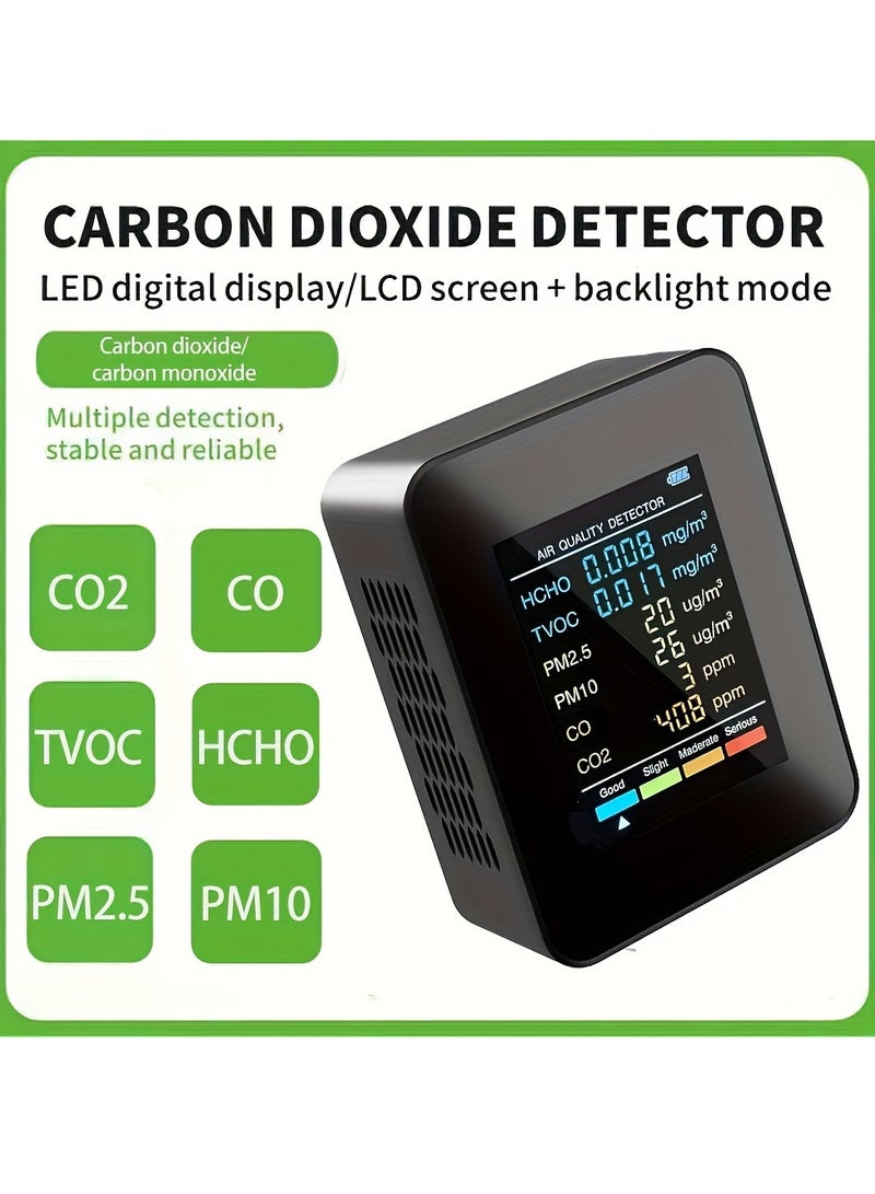 1pc 6-in-1 Premium Air Quality Monitor - Accurate CO2, CO, PM2.5, PM10, HCHO, TVOC Detector with Large LCD Display, Real-Time Gas Analyzer, and Advanced CO2 Sensor Technology for Home and Office Use