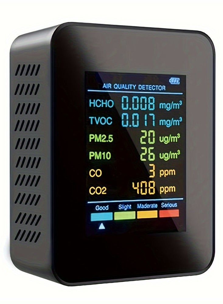 1pc 6-in-1 Premium Air Quality Monitor - Accurate CO2, CO, PM2.5, PM10, HCHO, TVOC Detector with Large LCD Display, Real-Time Gas Analyzer, and Advanced CO2 Sensor Technology for Home and Office Use