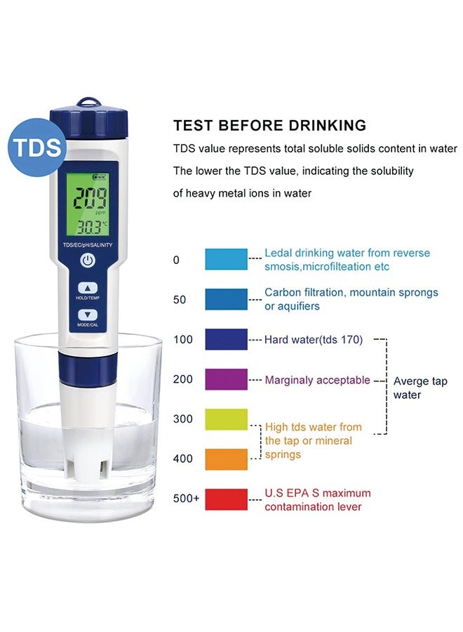 Digital PH Meter, 5 in 1 Water Quality Tester with Backlight, PH/TDS/EC/Salinity/Temp Meter with ATC, 0.01 Resolution High Accuracy Pen Type Tester, for Aquarium, Spas, Drinking Water