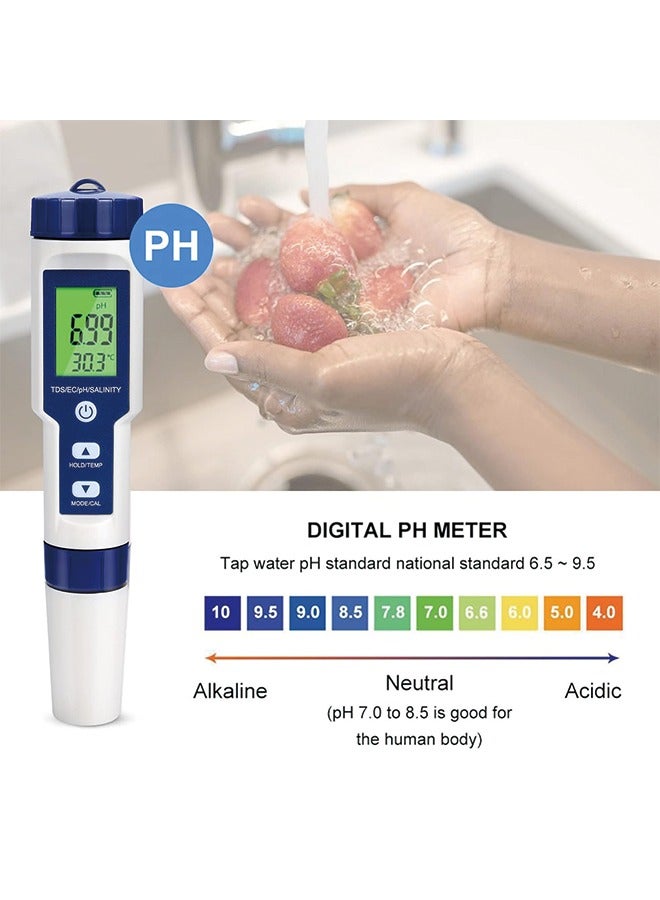 Digital PH Meter, 5 in 1 Water Quality Tester with Backlight, PH/TDS/EC/Salinity/Temp Meter with ATC, 0.01 Resolution High Accuracy Pen Type Tester, for Aquarium, Spas, Drinking Water