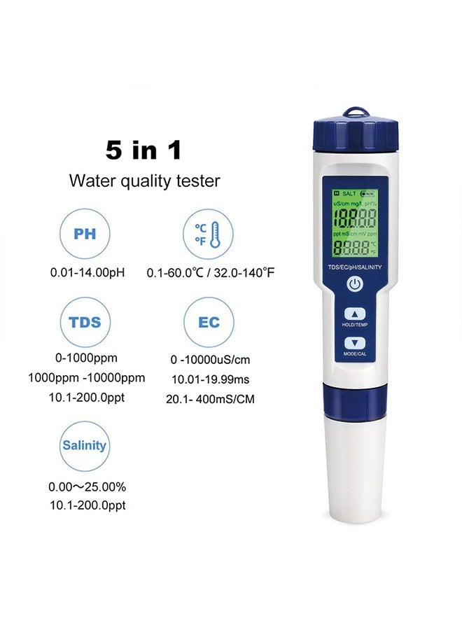 Digital PH Meter, 5 in 1 Water Quality Tester with Backlight, PH/TDS/EC/Salinity/Temp Meter with ATC, 0.01 Resolution High Accuracy Pen Type Tester, for Aquarium, Spas, Drinking Water