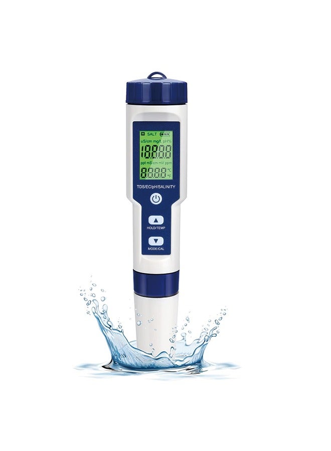 Digital PH Meter, 5 in 1 Water Quality Tester with Backlight, PH/TDS/EC/Salinity/Temp Meter with ATC, 0.01 Resolution High Accuracy Pen Type Tester, for Aquarium, Spas, Drinking Water