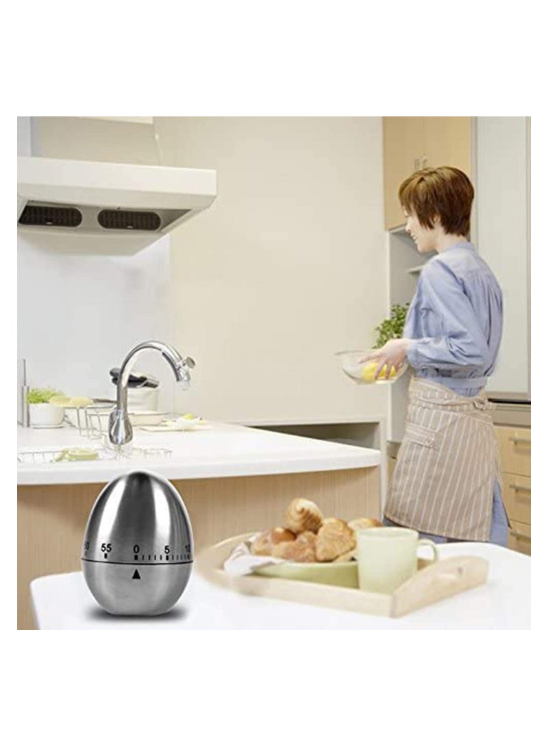 Egg Timer in Silver, 1 Pieces Mechanical Stainless Steel Kitchen Timer in Egg Countdown Shape Up to 60 Minutes for Boiling Eggs and More, Cooking Baking Bell Teeth Brushing Short Time Alarm