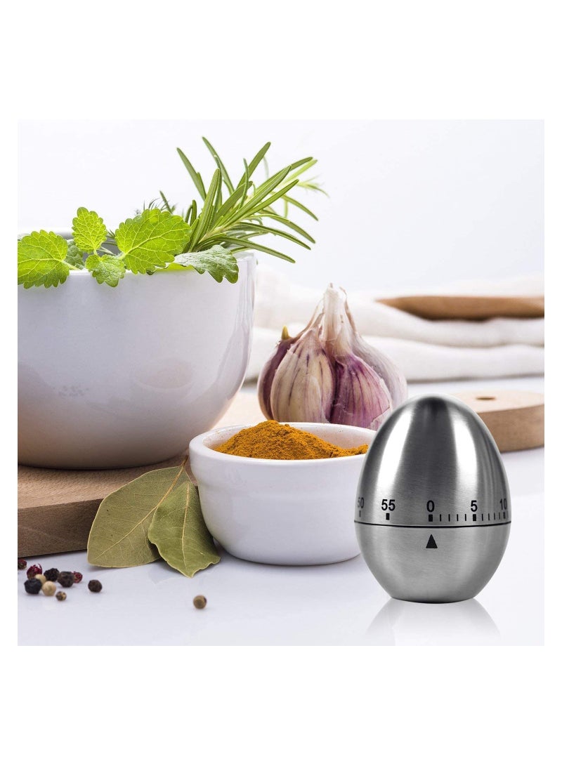 Egg Timer in Silver, 1 Pieces Mechanical Stainless Steel Kitchen Timer in Egg Countdown Shape Up to 60 Minutes for Boiling Eggs and More, Cooking Baking Bell Teeth Brushing Short Time Alarm