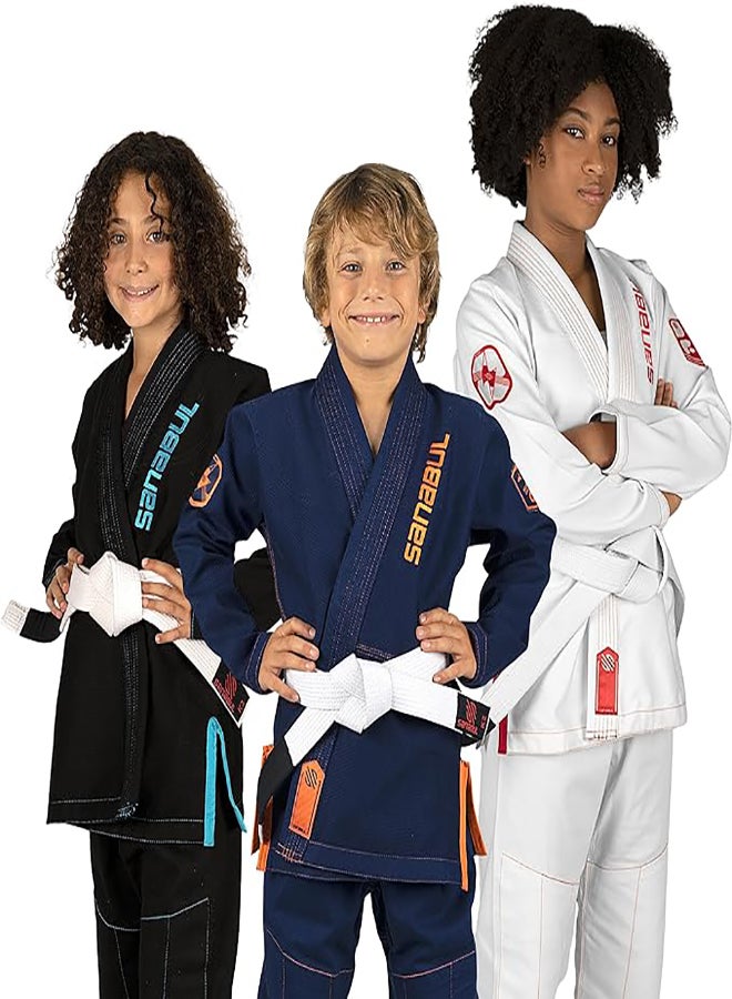 Sanabul Future Legends BJJ Gi for Kids | Premium Youth Brazilian Jiu Jitsu Gi with FREE White Belt | Lightweight & Durable Jiu Jitsu Kimono for Children and Youth (NAVY/ORANGE, K4)