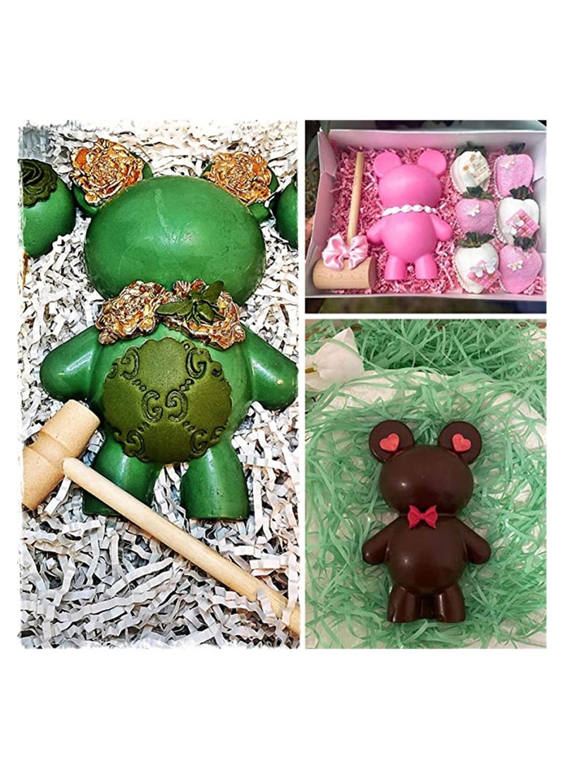 Bear Chocolate Silicone Mould, 2 Pcs Large 3D Breakable Chocolate Bear Mould with 1 Pcs Hammer for DIY Smashable Bears, Mousse Cake, Dessert Baking, Jello, Big Gummy, Birthday Candy Making