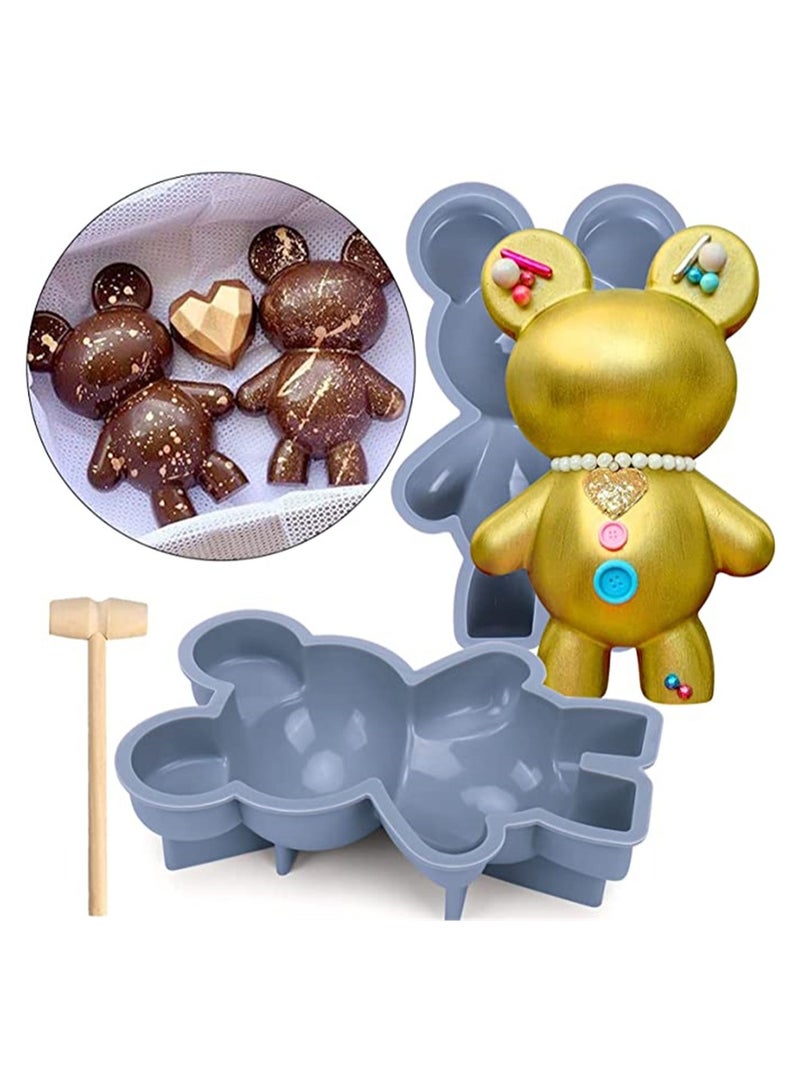 Bear Chocolate Silicone Mould, 2 Pcs Large 3D Breakable Chocolate Bear Mould with 1 Pcs Hammer for DIY Smashable Bears, Mousse Cake, Dessert Baking, Jello, Big Gummy, Birthday Candy Making