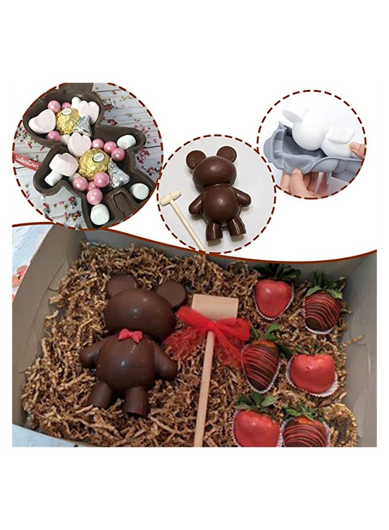 Bear Chocolate Silicone Mould, 2 Pcs Large 3D Breakable Chocolate Bear Mould with 1 Pcs Hammer for DIY Smashable Bears, Mousse Cake, Dessert Baking, Jello, Big Gummy, Birthday Candy Making