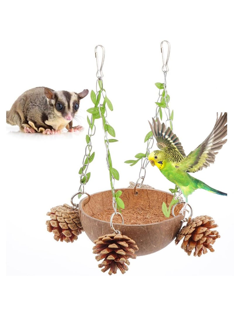 Bird Natural Coconut Nest Sugar Glider Hanging Swing Toy with Coconut Fiber Mat for Small Bird Parrot Parakeet Sugar Glider