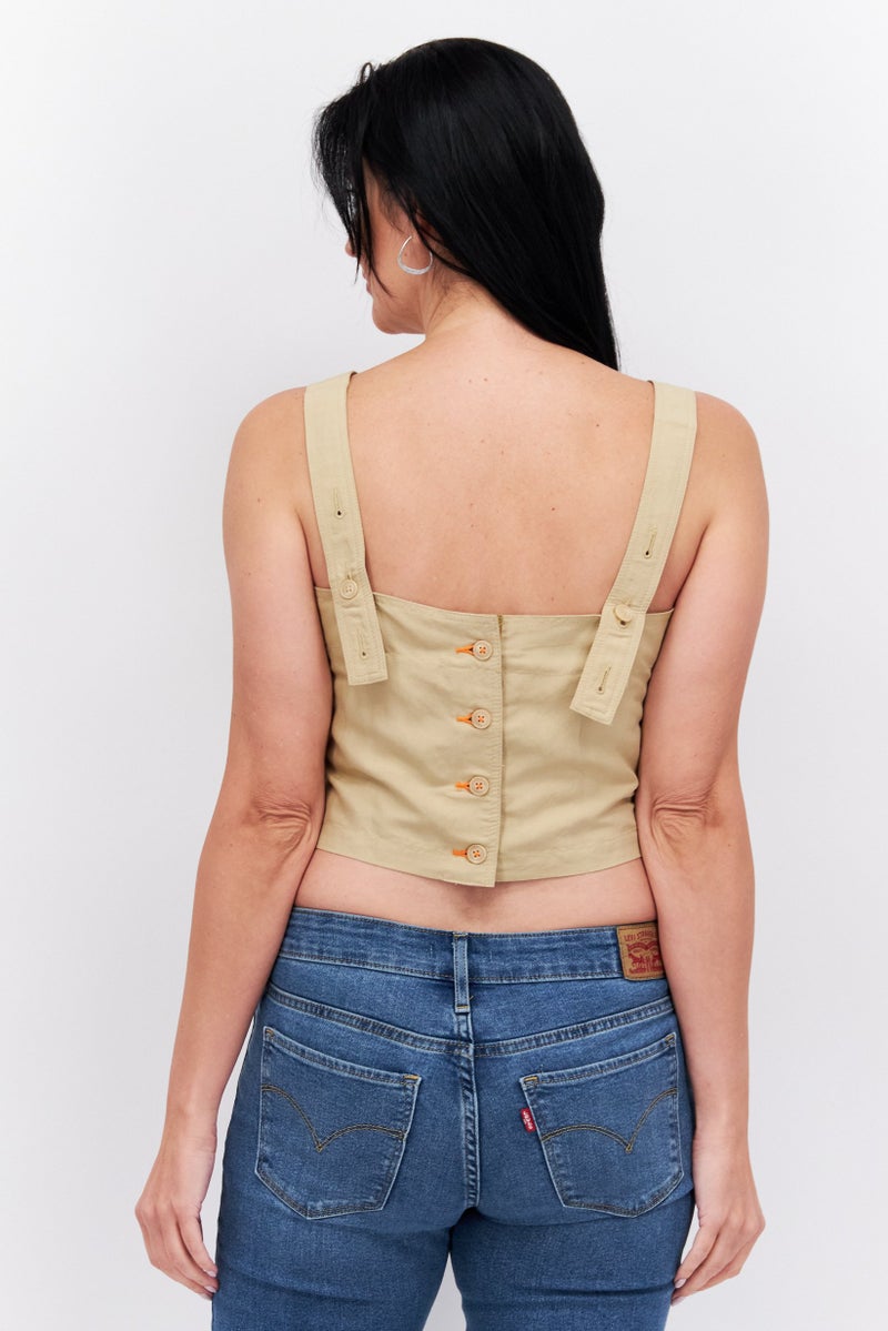 Women Square Neck Sleeveless Plain Top, Tan