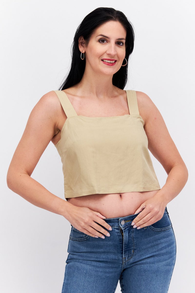 Women Square Neck Sleeveless Plain Top, Tan