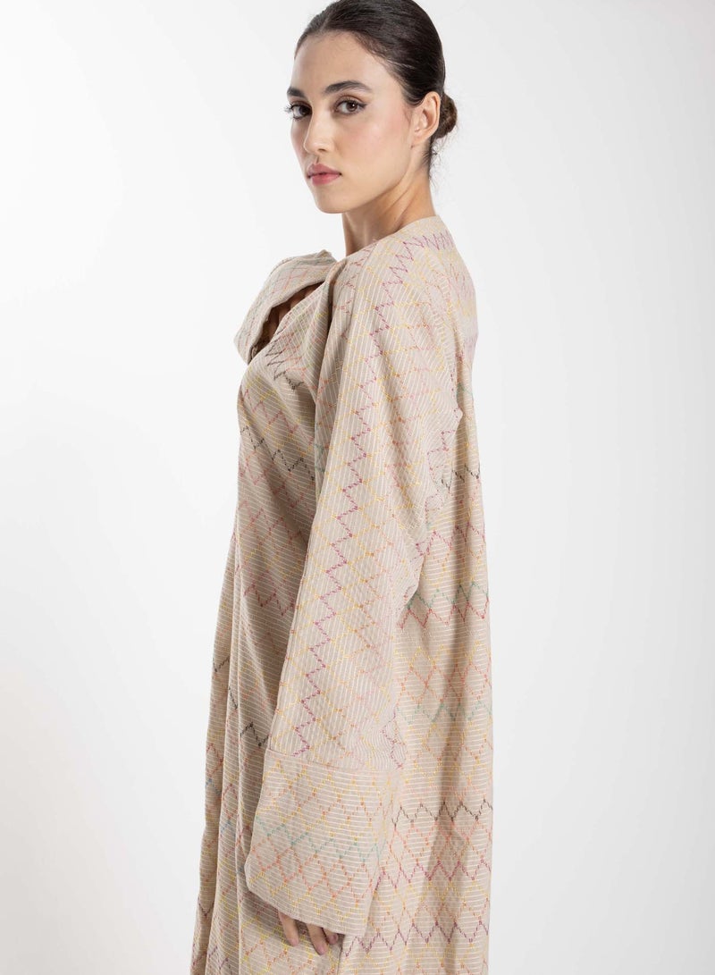Front Open  Multicolor Thread Linen Beige Abaya