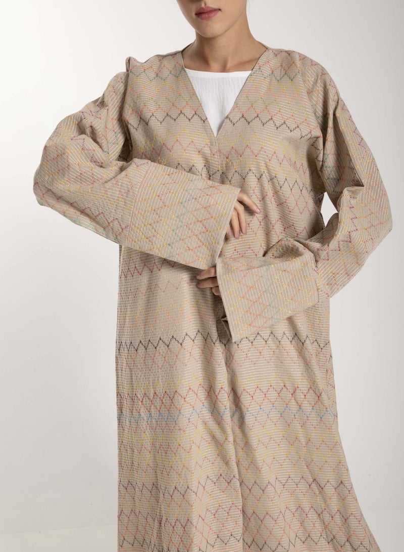 Front Open  Multicolor Thread Linen Beige Abaya