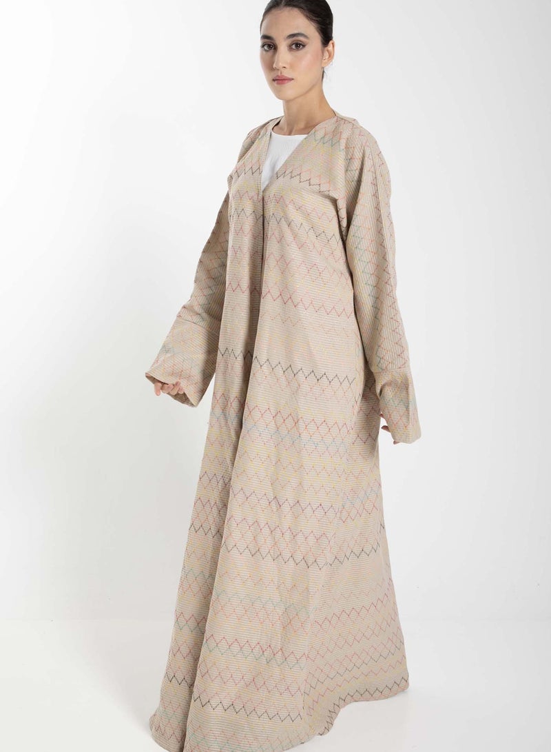 Front Open  Multicolor Thread Linen Beige Abaya