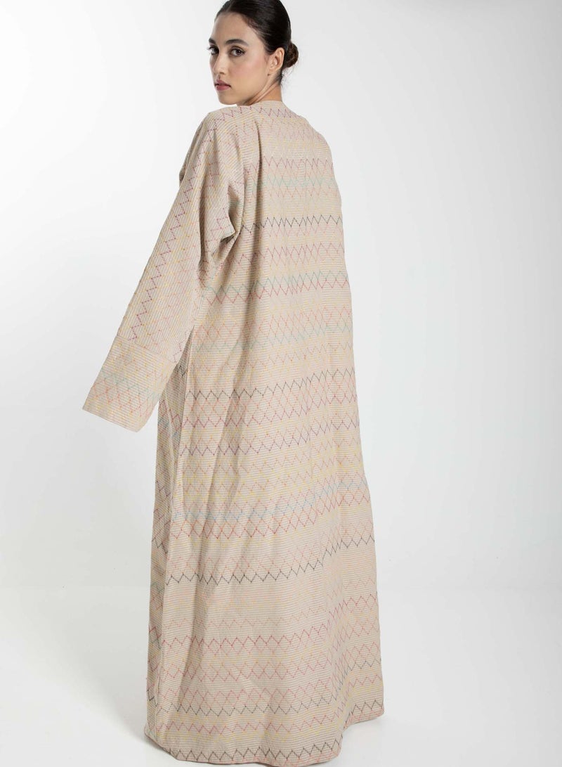 Front Open  Multicolor Thread Linen Beige Abaya