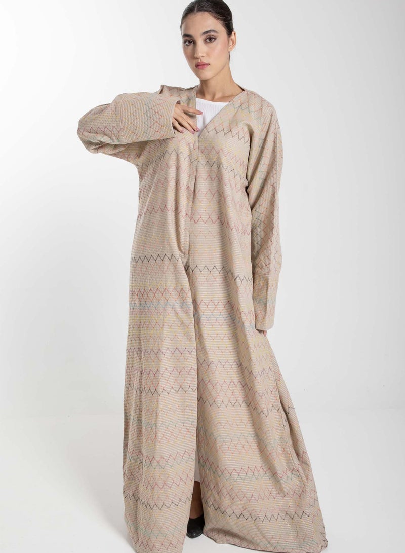 Front Open  Multicolor Thread Linen Beige Abaya