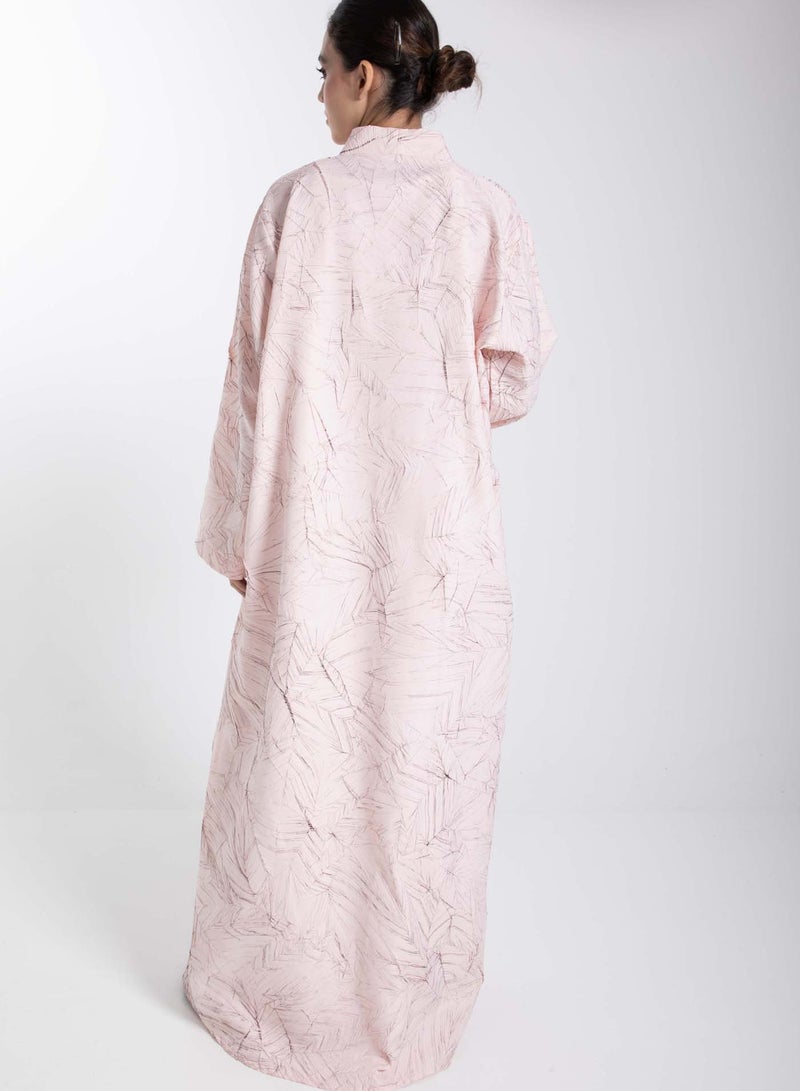 Pink Jacquard Abaya with Black Crushed Lines