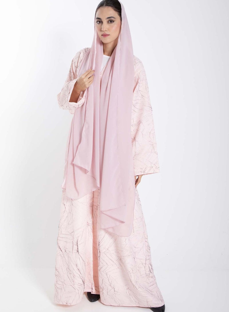 Pink Jacquard Abaya with Black Crushed Lines