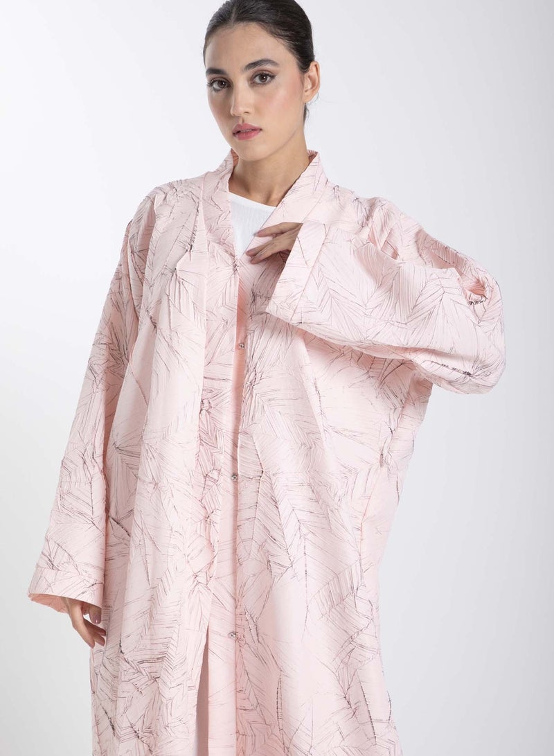 Pink Jacquard Abaya with Black Crushed Lines