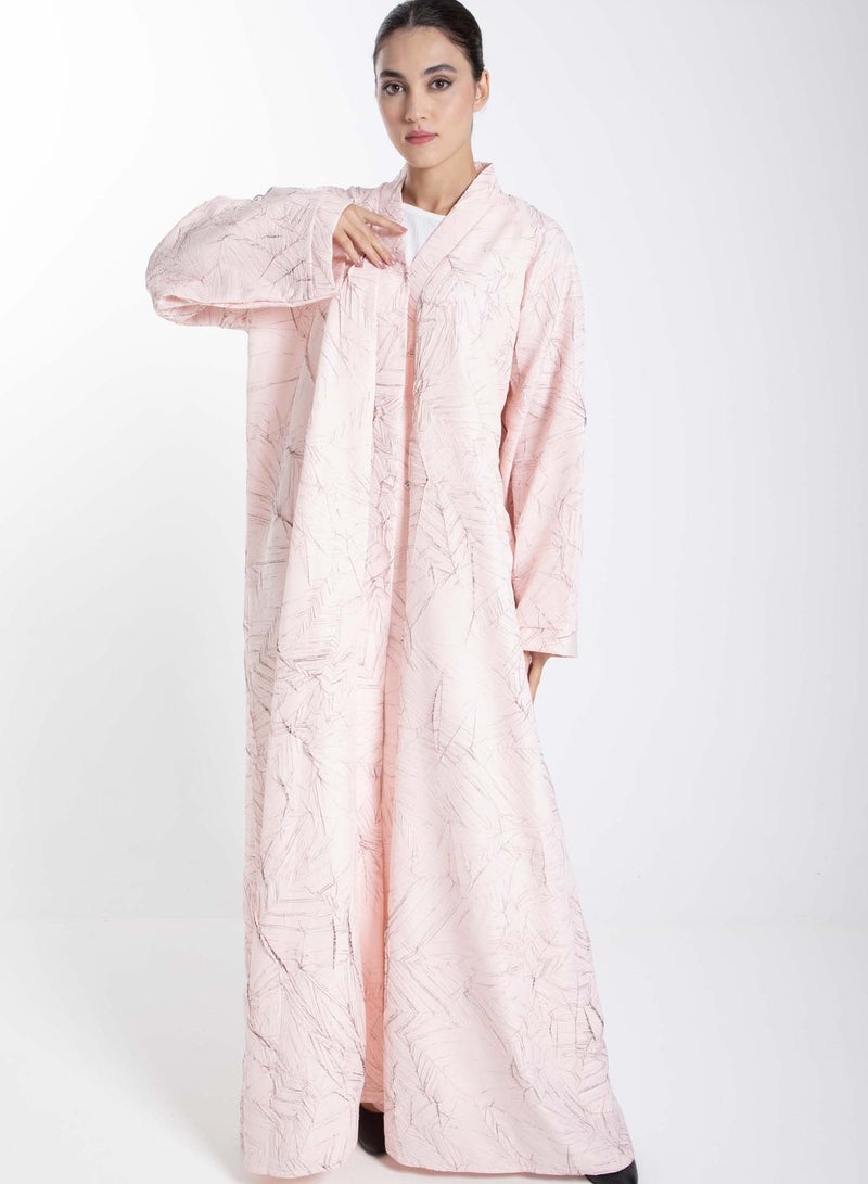 Pink Jacquard Abaya with Black Crushed Lines