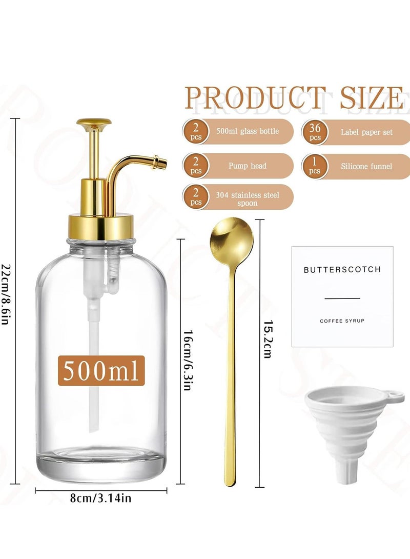 2Pcs Glass Coffee Syrup Dispenser with Pump Spoon Label Funnel Maple Bottle Empty Shampoo Clear Soap Set Honey Jar Sauces 16.9 oz 500ml