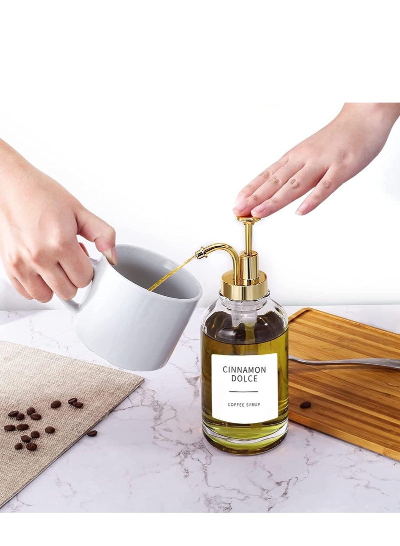 2Pcs Glass Coffee Syrup Dispenser with Pump Spoon Label Funnel Maple Bottle Empty Shampoo Clear Soap Set Honey Jar Sauces 16.9 oz 500ml