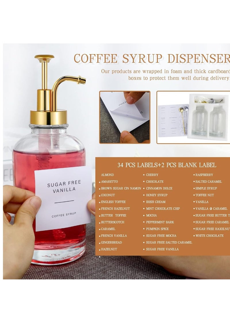 2Pcs Glass Coffee Syrup Dispenser with Pump Spoon Label Funnel Maple Bottle Empty Shampoo Clear Soap Set Honey Jar Sauces 16.9 oz 500ml