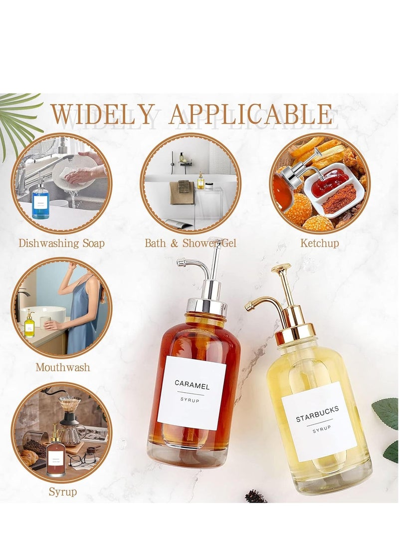 2Pcs Glass Coffee Syrup Dispenser with Pump Spoon Label Funnel Maple Bottle Empty Shampoo Clear Soap Set Honey Jar Sauces 16.9 oz 500ml