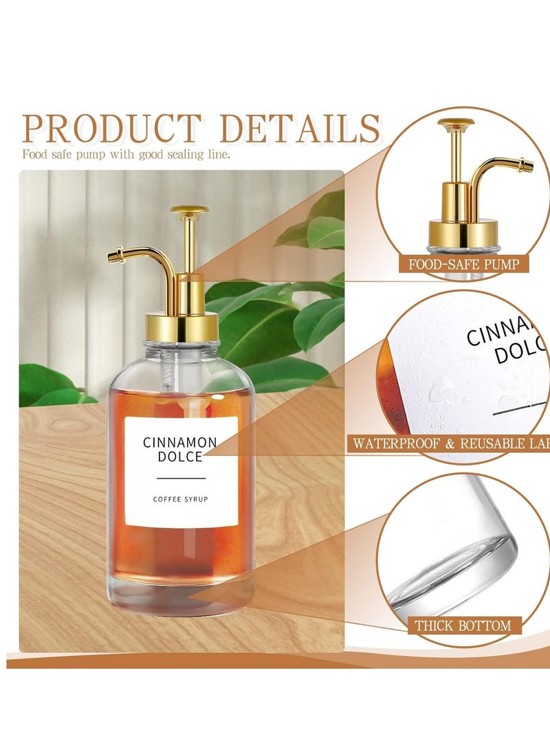 2Pcs Glass Coffee Syrup Dispenser with Pump Spoon Label Funnel Maple Bottle Empty Shampoo Clear Soap Set Honey Jar Sauces 16.9 oz 500ml
