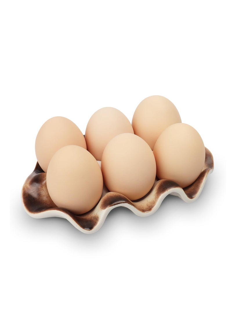 Ceramic Egg Tray Half Dozen Porcelain Egg Holder Container Keeper Storage Organizer Egg Tray for Refrigerator Decorative Egg Storage for Refrigerator Countertop Display Kitchen Brown