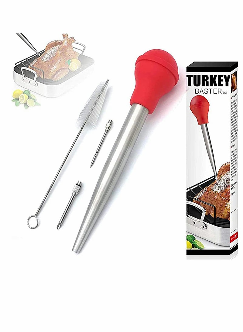 Barbecue Seasoning Tools Cooking Set Food-Grade Stainless Steel Meat Baster Syringe 2 Marinade Needles and Cleaning Brush (Red)