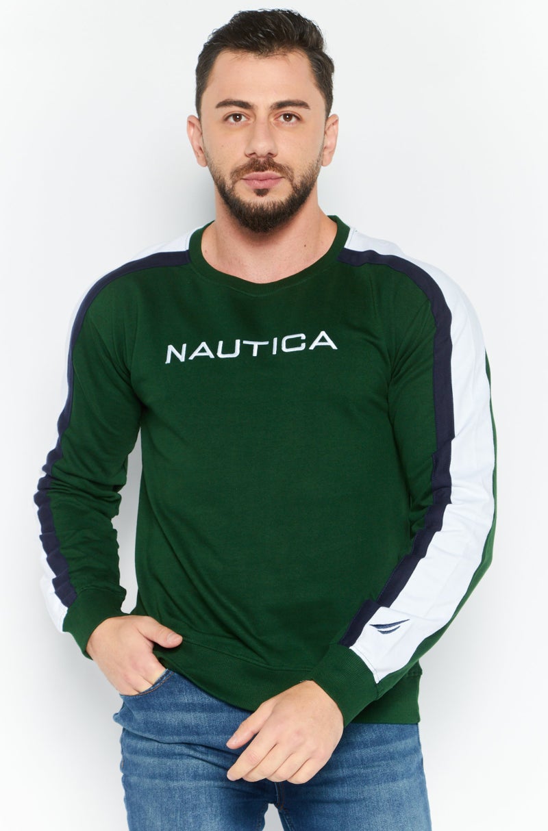 Men Crew Neck Long Sleeve Brand Logo Sweatshirt, Green
