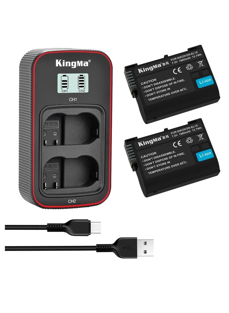 KingMa EN-EL15 EN EL15 Battery LCD USB Dual Charger with 2 Batteries Kit Replecement Battery and Charger For Nikon Z5 Z6 Z6II Z7 Z7II D500 D600 D610 D750 D780 D800 D800E D810