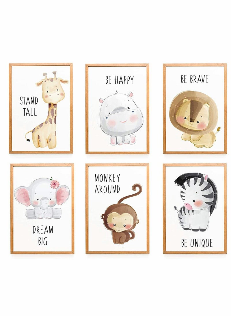 Baby Jungle Theme Nursery Decor Pictures 6 Pack Cartoon Safari Animals Wall Art With Inspirational Quote For Baby Boys Girls Kids Bedroom Living Room Bathroom-Unframed