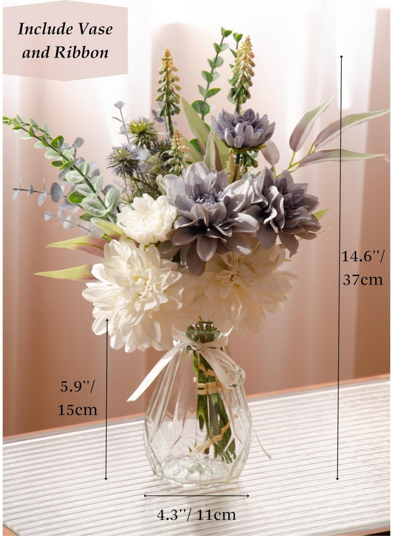 Artificial Fake Flowers Silk Dahlia Faux Flowers Artificial Flowers Bouquet for Home Decor Floral Arrangement for Dining Table Centerpiece Boho Flower Decor White and Blue