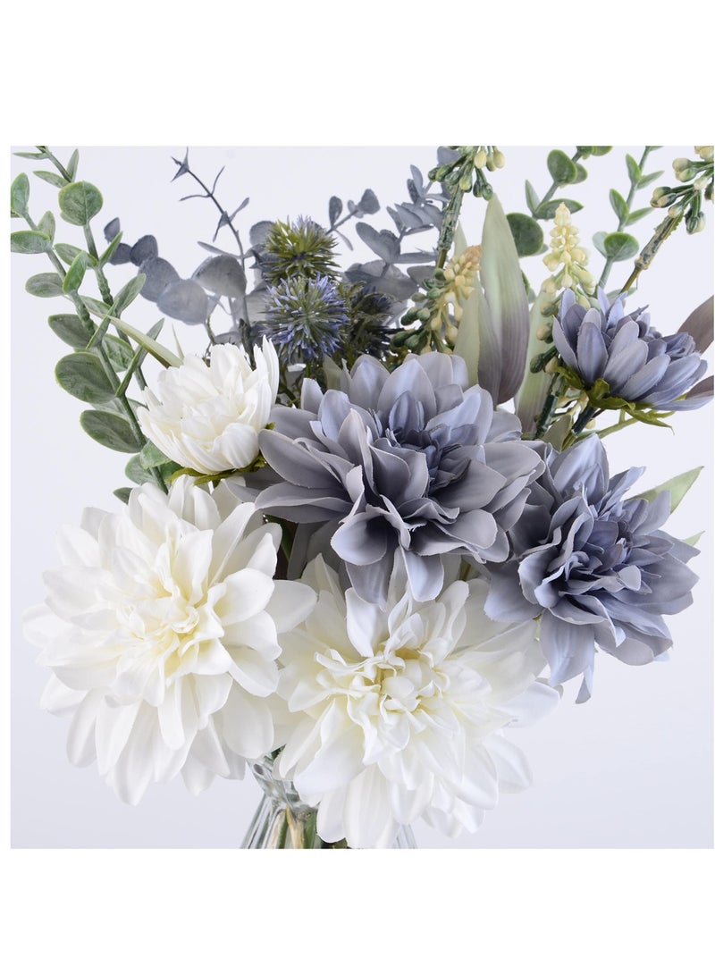 Artificial Fake Flowers Silk Dahlia Faux Flowers Artificial Flowers Bouquet for Home Decor Floral Arrangement for Dining Table Centerpiece Boho Flower Decor White and Blue