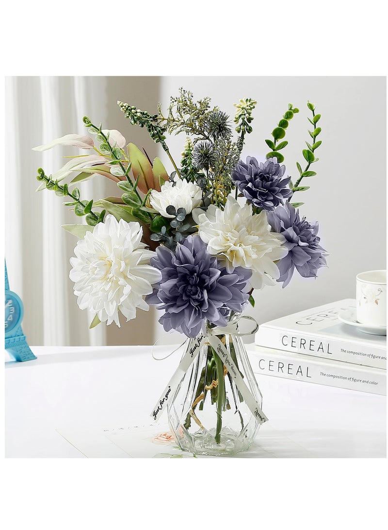 Artificial Fake Flowers Silk Dahlia Faux Flowers Artificial Flowers Bouquet for Home Decor Floral Arrangement for Dining Table Centerpiece Boho Flower Decor White and Blue