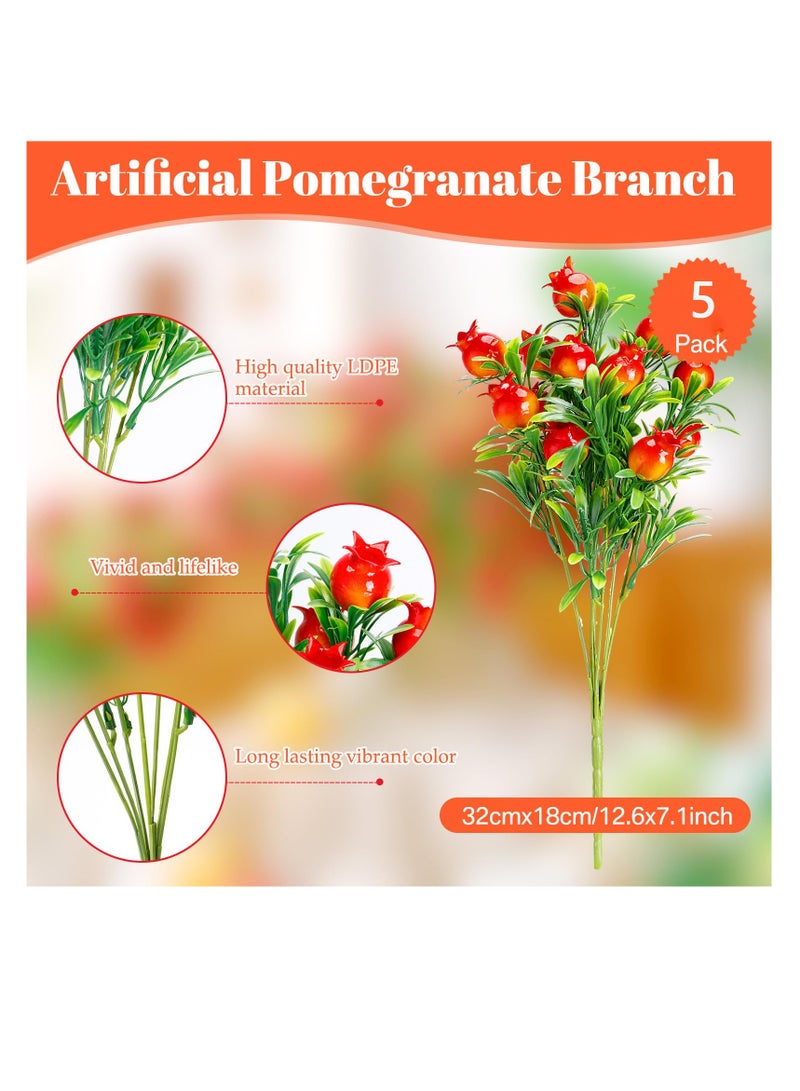 Set of 5 Artificial Orange Pomegranate Branches, Suitable for Autumn Decor, Kitchen Table Centerpieces, and Farmhouse Garden Props (12.6 x 7.1in)