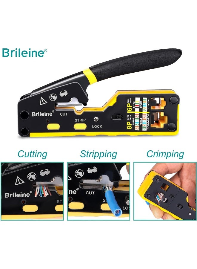 Brileine  Rj45 Crimp Tool Pass Through Kit Ethernet Crimper Cat5 Cat5E Cat6 Crimping Tool For Rj11/12 6P/8P With Network Lan Cable Tester, 50Pieces Cat6 Connectors, 51Pieces Boots, Mini Cable Stripper