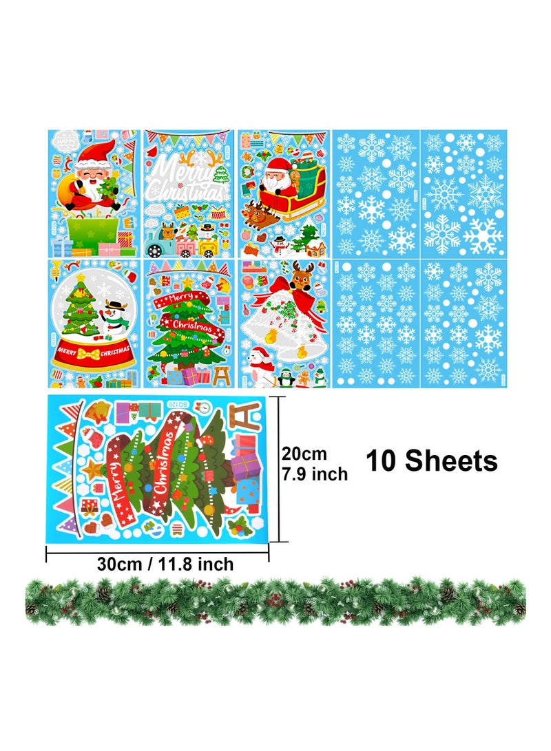 10 Sheets Window Stickers  Window Clings Film Decoration Santa Snowman Reindeer Xmas SnowflakeDouble Side Glass Window Ornaments Decals (Sheets Size: 11.8x7.9in/30x20cm)