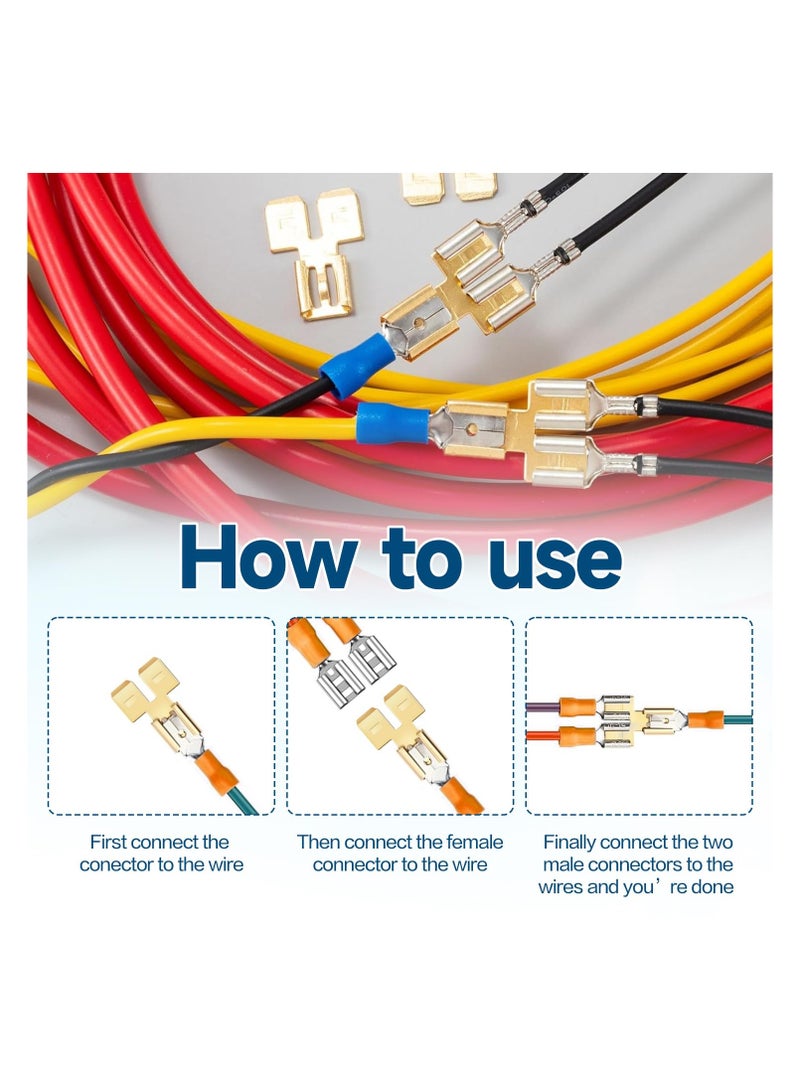 Piggyback Spade Connectors, Quick Disconnect Electrical, 2 Way Wire Terminals Adapter Non Insulated Male Single Female Tab Slip Brass Automotive Double Spade Connector 1/4