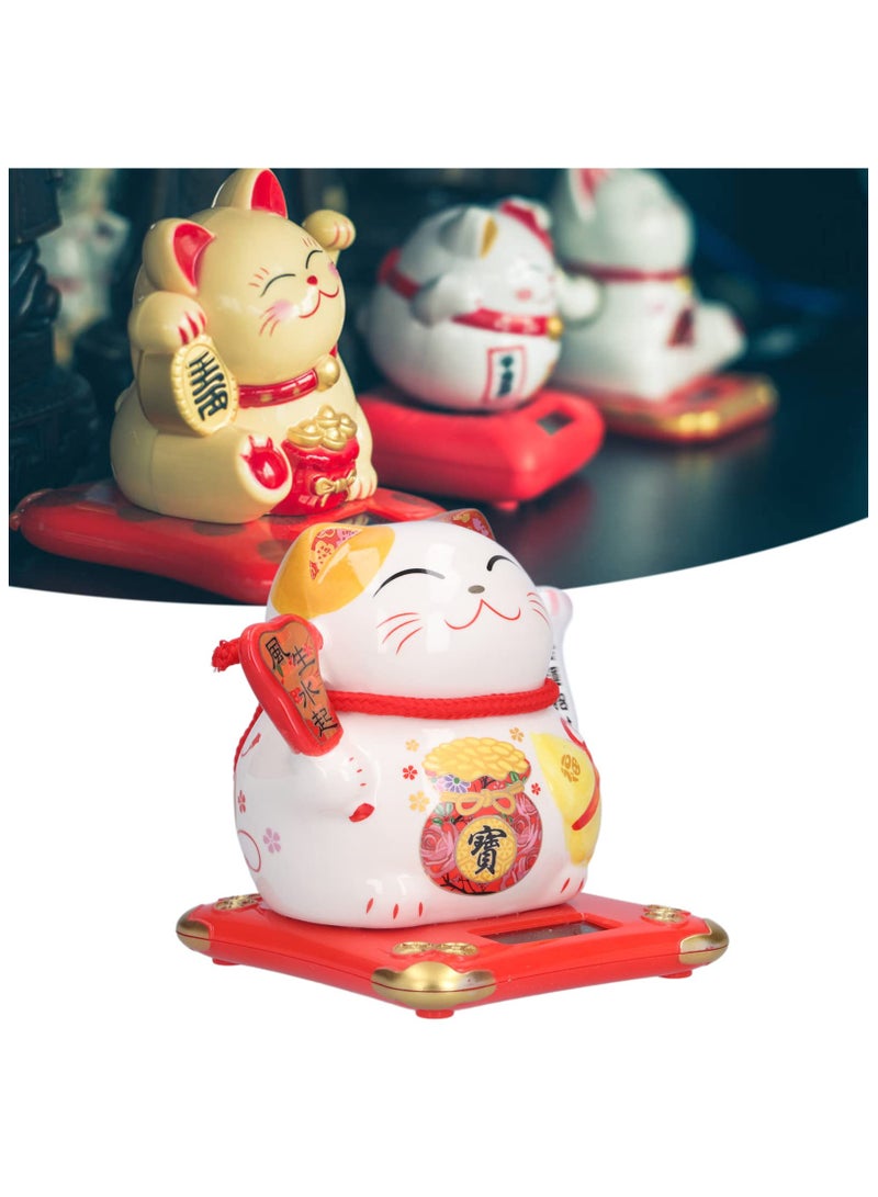 Ceramic Maneki Neko Lucky Cat, Fortune  Chinese Eastern Cat Solar Powered Lucky Cat Happy Cat Waving Arm Fortune Cat Chinese Feng Shui Decor for Shop, Home, Restaurants, Car 3.9