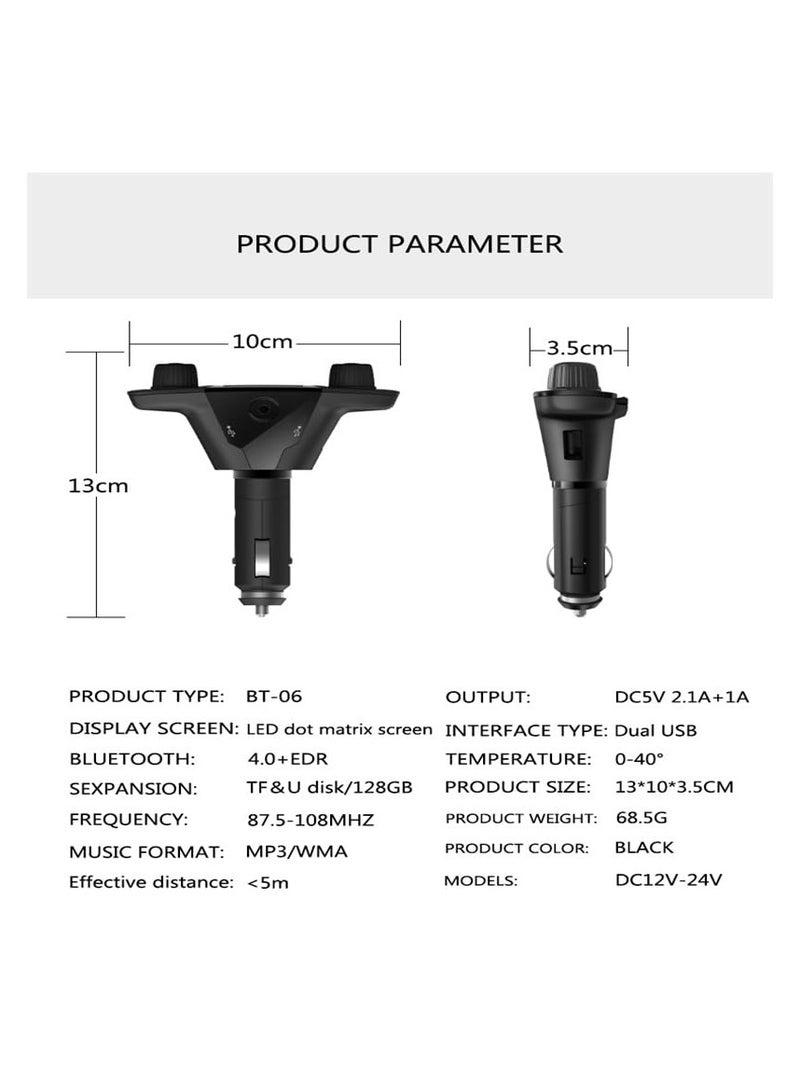 Car MP3 Player Bluetooth Receiver, USB Flash Drive BT06 Car MP3 Cigarette Lighter Car Charger, Fuel Cell Phone Charger for Cars, 12V/24V Adapter with USB Charging Port and FM Transmitter