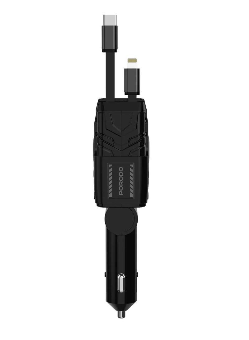 66W Car Charger with Lightning & Type -C Integrated 80m Wires / Voltage Monitor / Universal Compatibility / Simultaneous Charging - Black