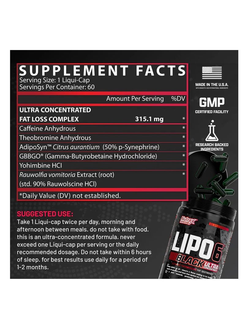 Nutrex Research Lipo-6 Black Ultra Concentrate - Thermogenic Energizing Fat Burner, Intense Weight Loss, Energy & Focus,60 Capsules